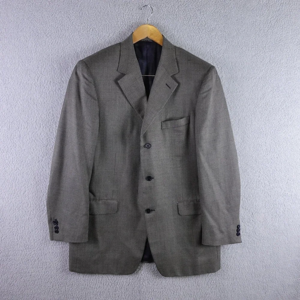 Canali Mens Silk Wool Blazer Grey Blue Check Made In Italy Size 54L Soft Carrer